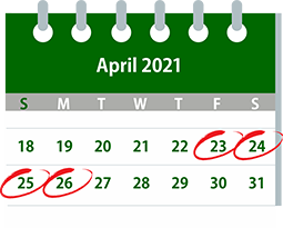 Calendar image with April 23-26 circled in red pen